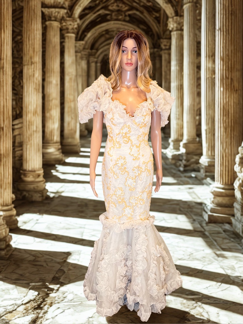 1980’s Vintage David Fielden 100% Pure Silk Embroidered Sequin Lace Ruffle Gown